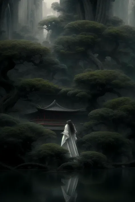 an painting in a style of oriental painting, in the style of matte painting, layered and atmospheric landscapes, rich and immersive, quiet contemplation, dark white and green, history painting, zen-inspired, grandeur of scale, highly detailed, dynamic, cinematic, stunning, realistic lighting and shading, vivid, vibrant, 8k, octane render, unreal engine, very detailed, concept art, realistic, Cry engine, wide shot, 1 girl, very long hair, white hair, (upper body:1.0), <lora:pine_20230904213617:1>, <lora:LowRA:0.4>, <lora:add_detail:1>