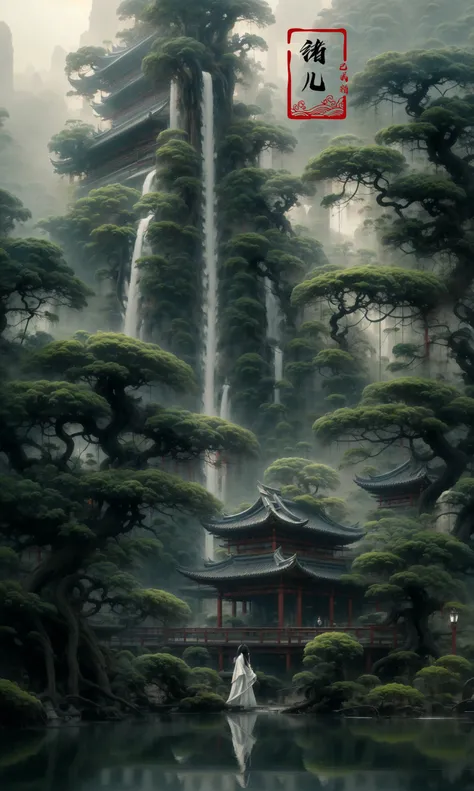 an painting in a style of oriental painting, in the style of matte painting, layered and atmospheric landscapes, rich and immersive, quiet contemplation, dark white and green, history painting, zen-inspired, grandeur of scale
highly detailed, dynamic, cinematic, stunning, realistic lighting and shading, vivid, vibrant, 8k,octane render, unreal engine, very detailed, concept art, realistic, Cry engine, wide shot
very long hairwhite hair
east asian architecturebuildingpagoda
scenerypinetreeoutdoorsbridgewaterreflectionfogboatpondmoss
<lora:~Q?-g~ pine:0.9>