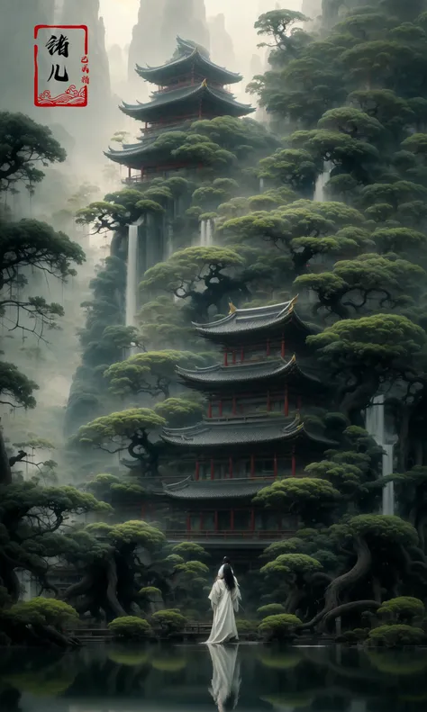 an painting in a style of oriental painting, in the style of matte painting, layered and atmospheric landscapes, rich and immersive, quiet contemplation, dark white and green, history painting, zen-inspired, grandeur of scale
highly detailed, dynamic, cinematic, stunning, realistic lighting and shading, vivid, vibrant, 8k,octane render, unreal engine, very detailed, concept art, realistic, Cry engine, wide shot
very long hairwhite hair
east asian architecturebuildingpagoda
scenerypinetreeoutdoorsbridgewaterreflectionfogboatpondmoss
<lora:~Q?-g~ pine:0.9>