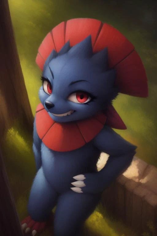 standing, ccowboy shot, claws, front view, (side_view:0.3), high angle view, looking at viewer, ((shortstack)), eyelashes, smug look, hands behind body,
<lora:weavile:0.85>, Pokemon, Weavile, red eyes, (bluish fur), (collar:0.7), (anthro_female:0.7), grin, naughty, body fur, fluffy,
<lora:fluffyrock-quality-tags-v2.0-vpred:0.35>, best quality, high quality,
<lora:FurryCoreStyle:0.2>
<lora:einshelmStyle:0.2>, einshelm,
<lora:anOilPainting_style_v01:0.2>, an oil painting, (high quality:1.2), masterpiece, detailed, highres, 4k, sharp focus, detailed face
