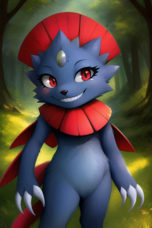 standing, ccowboy shot, claws, front view, (side_view:0.25), looking at viewer, (shortstack), eyelashes, smug look, summer forest,
<lora:weavile:0.85>, Pokemon, Weavile, red eyes, (bluish fur), (collar:0.7), (anthro_female:0.7), grin, naughty, body fur, fluffy,
<lora:fluffyrock-quality-tags-v2.0-vpred:0.35>, best quality, high quality,
<lora:FurryCoreStyle:0.1>
<lora:einshelmStyle:0.25>, einshelm,, detailed face, (high quality:1.2), masterpiece, detailed, highres, 4k, sharp focus