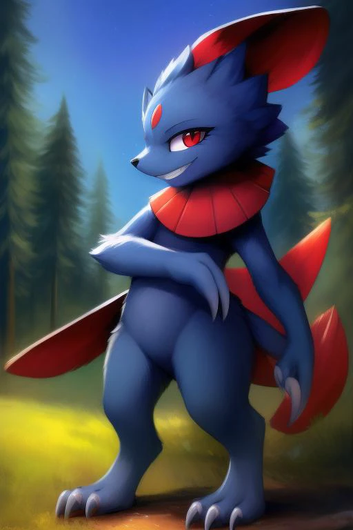standing, ccowboy shot, claws, front view, (side_view:0.3), looking at viewer, (shortstack), eyelashes, smug look, summer forest,
<lora:weavile:0.85>, Pokemon, Weavile, red eyes, (bluish fur), (collar:0.7), (anthro_female:0.7), grin, naughty, body fur, fluffy,
<lora:fluffyrock-quality-tags-v2.0-vpred:0.35>, best quality, high quality,
<lora:FurryCoreStyle:0.25>
<lora:einshelmStyle:0.25>, einshelm,, (high quality:1.2), masterpiece, detailed, highres, 4k, sharp focus, detailed face