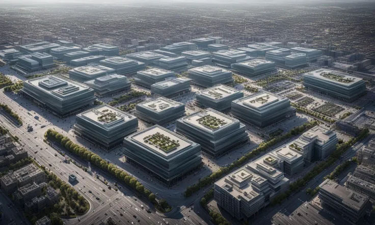 photo of a commercial complex building Appearance designed by David Chipperfield, high detail, sharp focus, cinematic product lighting,Aerial View, 8k, scifi, grimdark,realistic,Aerial View