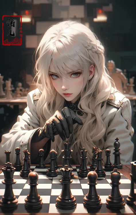 masterpiece, best quality, 32k uhd, insane details, intricate details, hyperdetailed, hyper quality, high detail, ultra detailed, Masterpiece, blurry backgrounddepth of field(wide shot, wide-angle lens,Panoramic:1.2),super vista, super wide AngleLow Angle shooting, super wide lens,
1girlsolo(chess piece:1.4)A mature facesideways glance, (cold attitude,eyeshadow,eyeliner:0.5),watery eyes,mole under eyeBlack gloveswhite hair
jewelry earringschokercleavageeyes with light,
<lora:chess_20231101014550:0.7>