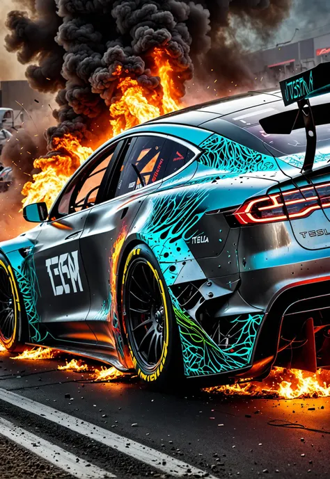 dynamic angle, masterpiece, award winning picture, Tesla DTM race car, Crashing, accident, fire, futuristic background, hyper detailed, intricate,  neon poster, epic, ultra detail, intricate details, UHD