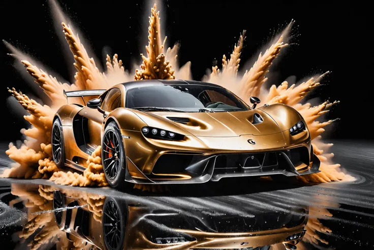 Popular Hyper car racing through LIQUID METAL, liquid metal sprays up from the cars tyres, Car drifting in a black void <lora:Add_UHD_Details_&_Text_v1:0.85> <lora:Colorful_Powder_Explosion_-_By_DICE:1>