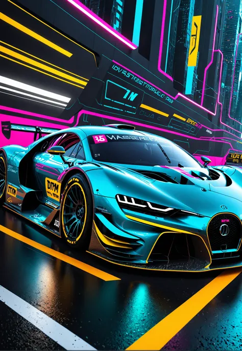 dynamic angle, masterpiece, award winning picture, concept DTM hyper car racing, futuristic background, hyper detailed, intricate, neon poster, artstation, epic, ultra detail, intricate details, UHD