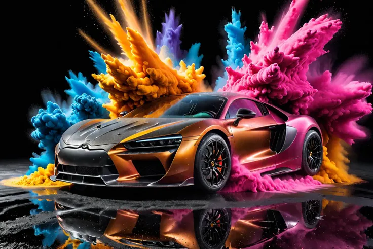 Popular Hyper car racing through LIQUID METAL, liquid metal sprays up from the cars tyres, Car drifting in a black void <lora:Add_UHD_Details_&_Text_v1:0.85> , <lora:Colorful_Powder_Explosion_-_By_DICE:0.7>, Colorful Powder Explosion