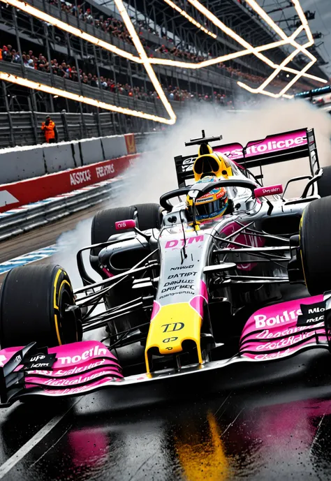 dynamic angle, masterpiece, award winning picture, Formula One DTM race car, drifting, futuristic background, hyper detailed, intricate, neon poster, epic, ultra detail, intricate details, UHD