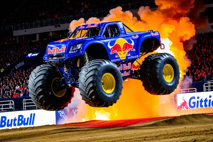 (Red Bull Monster Truck), Red Bull paintwork, Red Bull decals, Jumping through fire, Arena show, huge crowds in the stands, competition, motion effects, arena show lighting, view from stands, UHD, painstaking attention to details