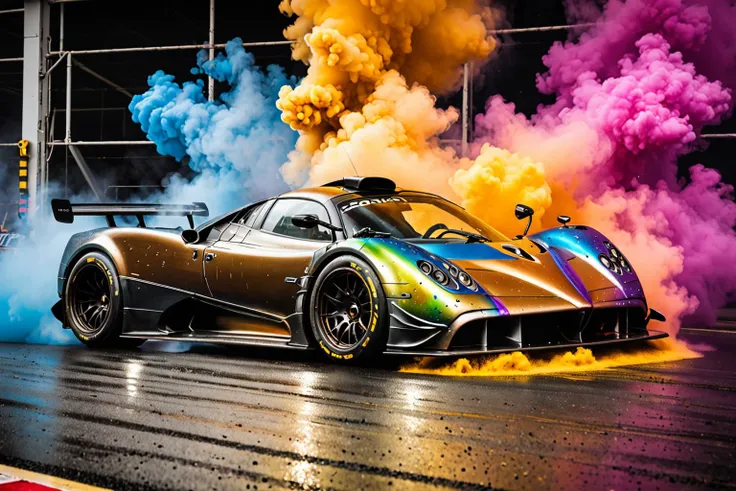wide body kit ZONDA, racing through LIQUID METAL, liquid metal sprays up from the cars tyres, Car drifting in a black void , UHD, Colorful Powder Explosion