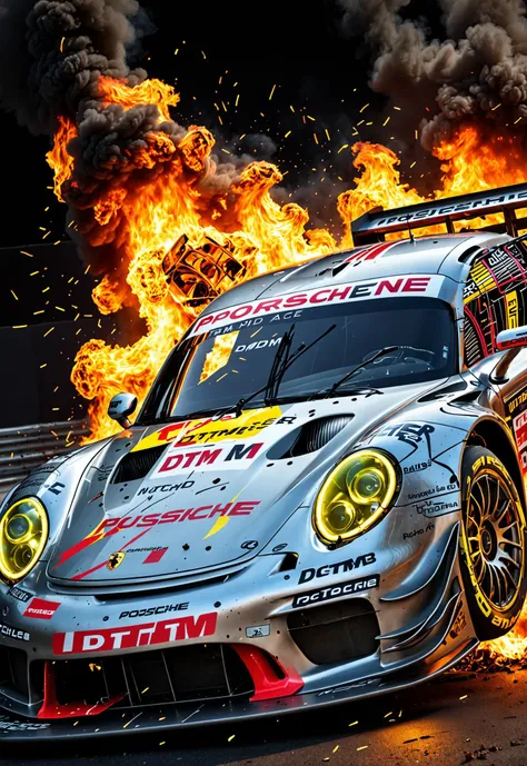 dynamic angle, masterpiece, award winning picture, Porsche DTM race car, Crashing, accident, fire, futuristic background, hyper detailed, intricate, neon poster, epic, ultra detail, intricate details, UHD
