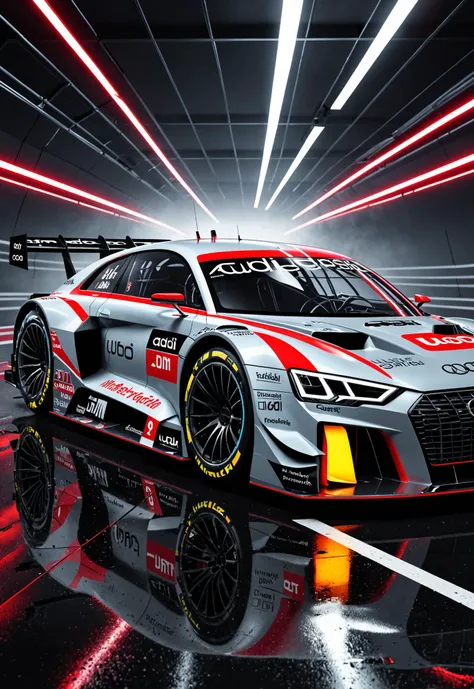dynamic angle, masterpiece, award winning picture,  Audi concept DTM car racing, futuristic background, hyper detailed, intricate, neon poster, artstation, epic, ultra detail, intricate details, UHD