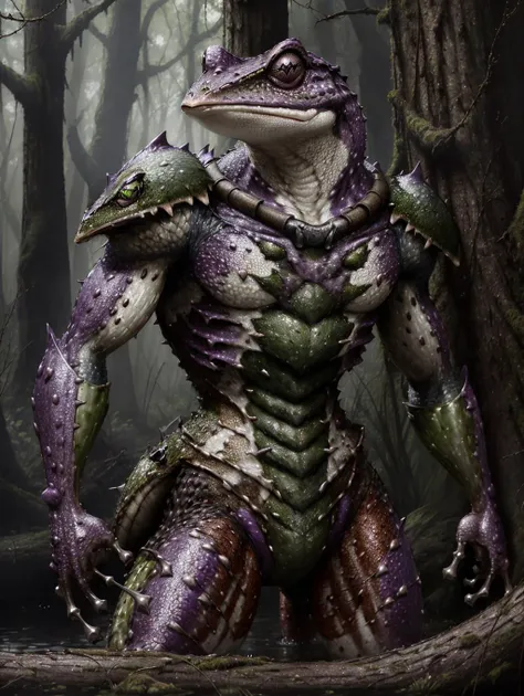 award winning photo, hyper-realism, (RAW, HDR:1.2), (Froglok:1.1), intricately detailed armor, dark swamp, moss, tree moss, tree stumps, <lora:EQlvl1RS:0.6>, <lora:MIOandBaBV2RS:0.4>