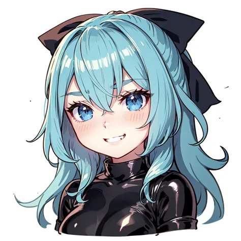 chibi, sgliselotte, long hair, blue hair, blue eyes, sidelocks, hair bow, black bow, (latex bodysuit:1.2), solo, evil smile, evil, cropped torso <lora:Chibi_Discord_Emojis:1> <lora:liselotte-sd15-6-000007:0.8>