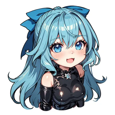chibi, sgliselotte, long hair, blue hair, blue eyes, sidelocks, hair bow, blue bow, latex bodysuit, solo, happy <lora:Chibi_Discord_Emojis:1> <lora:liselotte-sd15-6-000007:0.8>