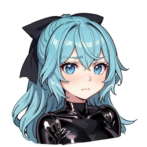 chibi, sgliselotte, long hair, blue hair, blue eyes, sidelocks, hair bow, black bow, (latex bodysuit:1.2), solo, (thinking face:1.2), thinking gesture, cropped torso <lora:Chibi_Discord_Emojis:1> <lora:liselotte-sd15-6-000007:0.8>
