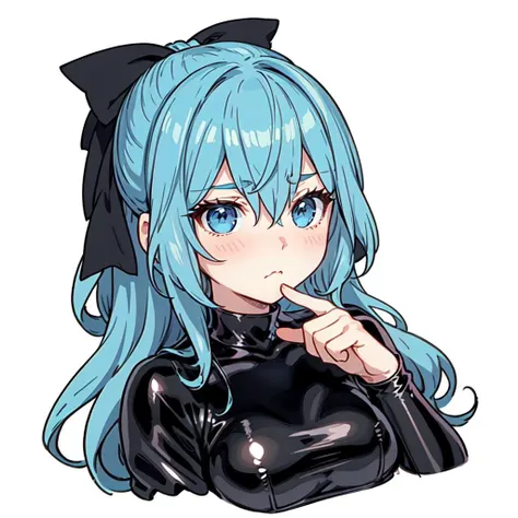 chibi, sgliselotte, long hair, blue hair, blue eyes, sidelocks, hair bow, black bow, (latex bodysuit:1.2), solo, hand on chin, contemplative expression, cropped torso <lora:Chibi_Discord_Emojis:1> <lora:liselotte-sd15-6-000007:0.8>