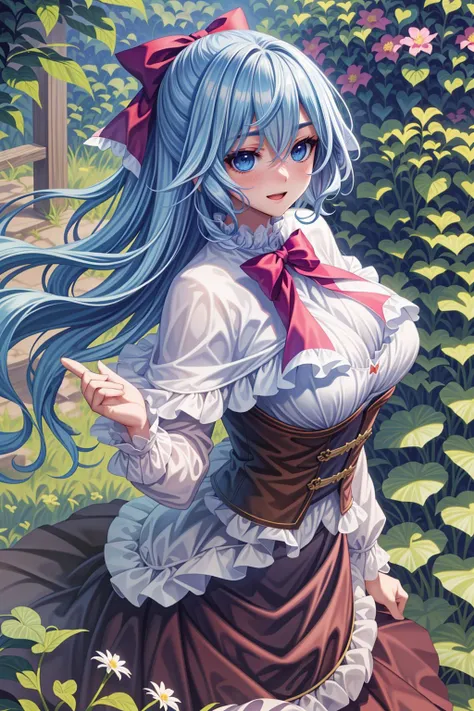 <lora:lcm_lora_sd15:1>,
(masterpiece,best quality,8k,beautiful and aesthetic:1.2),
solid-best-physical-appearance-perfect::2,
cosplay,(HUGE BREASTS:1.3),wind,(floating hair:1.2),PERFECTEYES EYES,narrow_waist,slender,skinny,(dynamic_angle),(sexy posture),
<lora:liselotte-sd15-6:0.7>,
SGLISELOTTE,BLUE EYES,BLUE HAIR,SIDELOCKS,LONG HAIR,
full-face blush,blush,smile,open mouth,
RED BOW,HAIR BOW,RED BOWTIE,(WHITE CAPELET),BROWN CORSET,LONG SLEEVES,brown skirt,
(grab the skirt:1.4),(garden field:1),
<lora:[R]Xn}0{LORA.add_detail:0.2>,
<lora:[OMQ*S][vw<w[.locon_perfecteyes_v1_from_v1_64_32:0.6>,