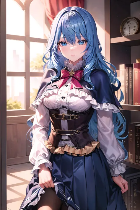 masterpiece, best quality, LiselotteCretia, long hair, wavy hair, bangs, blue eyes, blue hair, frills, capelet, pleated skirt, shirt, corset <lora:LiselotteCretia4:0.4>