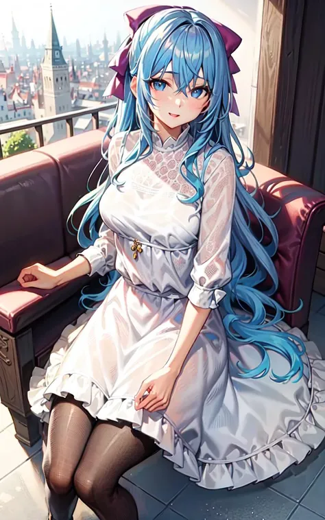 masterpiece, best quality, long hair, wavy hair, bangs, hair between eyes, hair bow, blue eyes, (light blue hair:1), (casual:1.1), (pantyhose:1.0), sheer_mesh blouse <lora:liselotteCretiaSeirei_liselottecretia4:0.6>, sitting, castle balcony,