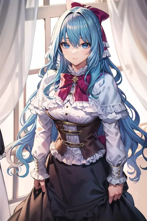 masterpiece, best quality, LiselotteCretia, standing, long hair, wavy hair, bangs, blue eyes, blue hair, hair bow, red bow, frills, white capelet, black dress, shirt, corset <lora:LiselotteCretia6:0.7>