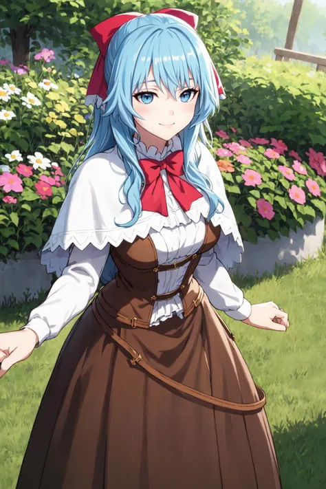 sgliselotte, cowboy shot, light smile BREAK long hair, blue hair, sidelocks, blue eyes BREAK red bow, hair bow, red bowtie, white capelet, brown corset, long sleeves, brown skirt BREAK (garden field:1) <lora:liselotte-sd15-5-000008:0.8>