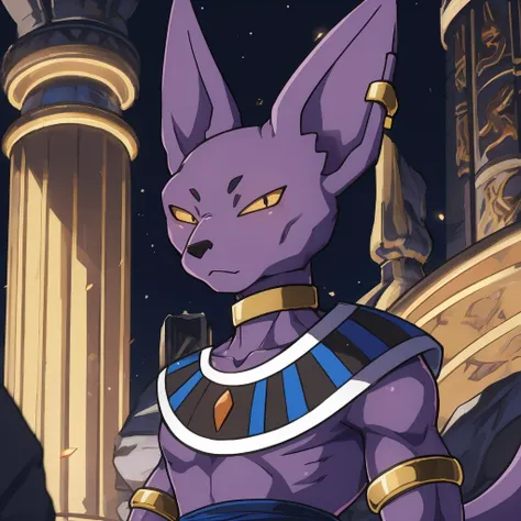 Best_QualityPos, RAW photo, intricate details, best quality, 8k uhd, soft lighting, 1boy, solo, black eyes, colored sclera, yellow sclera, animal ears, cat tail, colored skin, purple skin, collarbone, earrings, bracelet, jewelry, armlet, armband, choker, egyptian clothes <lora:Beerus:0.8>