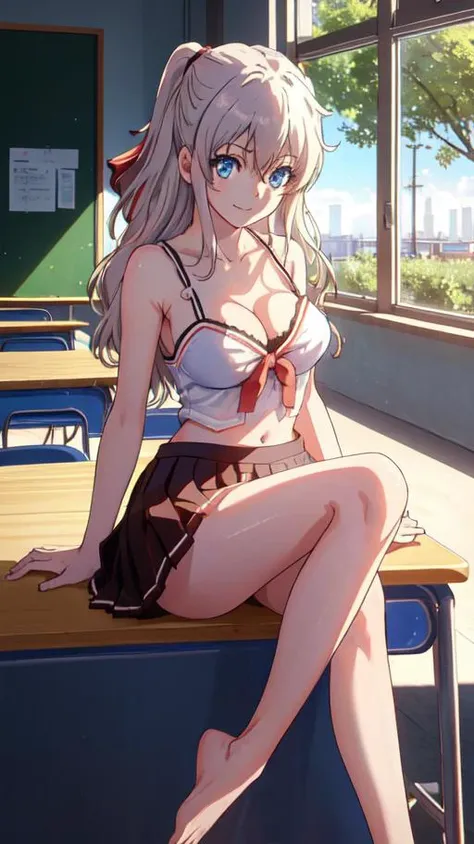 <lora:Nao_Tomori-06:1>, Nao Tomori, squeezing breasts, hands on breasts, 1girl, solo, blue eyes, lounging, smile, midriff, 1girl, solo, in a classroom, red spaghetti strap top, cleavage, pleated skirt, camcorder, prefect bare feet, beautiful legs, flirty, alluring, seductive, hajidere:1.1, (detailed eyes, sharp pupils):1.2, perfect face, detailed hair, [from above|low angle], high contrast, sharp focus, masterpiece, best quality, highly detailed, HDR, highest quality, highres, sharp focus, 8k, 16k, skin pores, dynamic lights, realistic shadows, best shading, award winning masterpiece