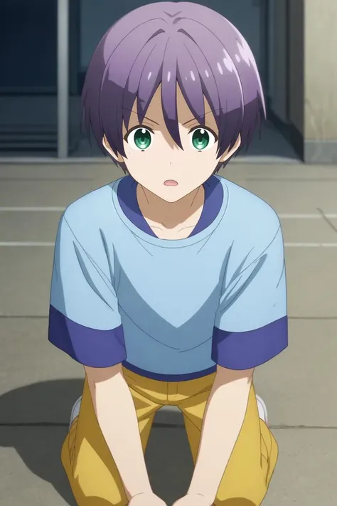 score_9, score_8_up, score_7_up, source_anime, rating_safe, , anime screencap, , official style, , depth of field, 1boy, solo, male focus, <lora:nasa_yuzaki_pony:0.9>, nasa_yuzaki, purple hair, green eyes, short hair, hair between eyes, focused, treetops city, dusk, kneeling, open mouth, , <lora:sdxl_lightning_8step_lora:1>