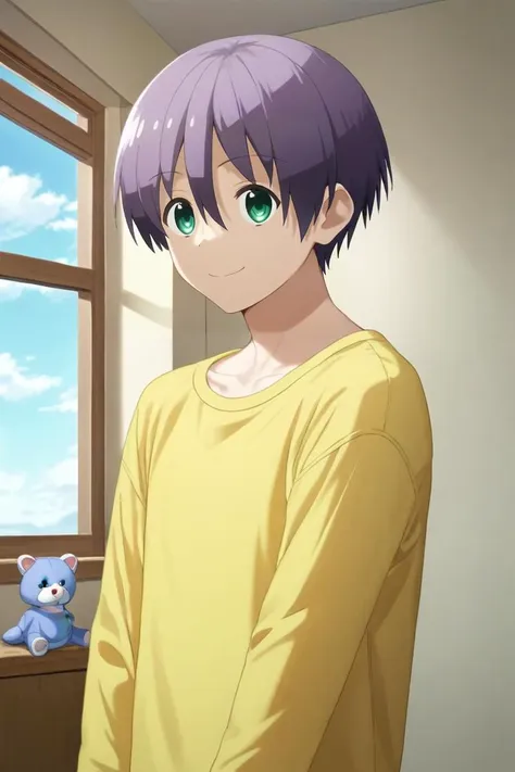 score_9, score_8_up, score_7_up, source_anime, rating_safe, , (photorealistic:0.6), , , 1boy, solo, male focus, <lora:nasa_yuzaki_pony:0.84>, nasa_yuzaki, purple hair, green eyes, short hair, hair between eyes, cowboy shot, bedroom, (plush), day, clouds, stretching, smile, , <lora:sdxl_lightning_8step_lora:1>