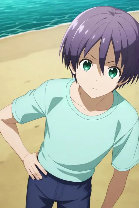 score_9, score_8_up, score_7_up, source_anime, rating_safe, intricate details, anime screencap, anime coloring, , , , 1boy, solo, male focus, <lora:nasa_yuzaki_pony:0.92>, nasa_yuzaki, purple hair, green eyes, short hair, hair between eyes, from above, lake city, midnight, hand on hip, :\3, , <lora:sdxl_lightning_8step_lora:1>