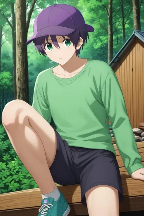 score_9, score_8_up, score_7_up, source_anime, rating_safe, , , looking at viewer, , 1boy, solo, male focus, <lora:nasa_yuzaki_pony:0.94>, nasa_yuzaki, purple hair, green eyes, short hair, hair between eyes, panorama, cabin, forest, campfire, day, sunny, one leg up, giggling, long sleeve shirt, baseball cap, <lora:sdxl_lightning_8step_lora:1>