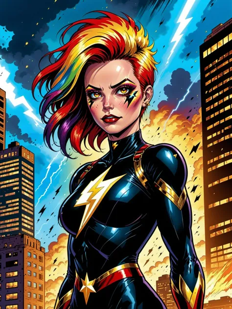 1girl, solo, looking at viewer, black body suit,  lightning bolt symbol, thunderstorm, gold eyes, makeup, superhero style, rainbow hair, multicolored hair, gradient hair, outdoors, city, sky, clouds, marvel comics, sketch, comic book style,