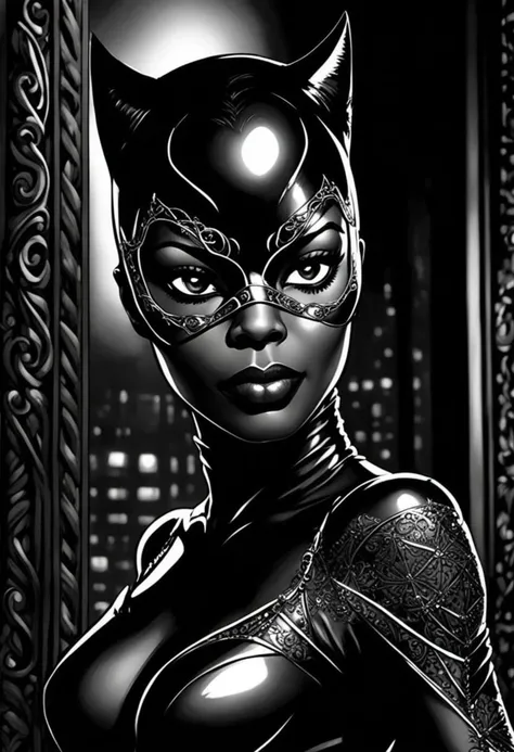 Solo focus, black and white, high contrast, night, masterpiece, intricate details, award winning pertrait of a beautiful ebony catwoman, sensual pose, perfect face, intricate details, eye mask,