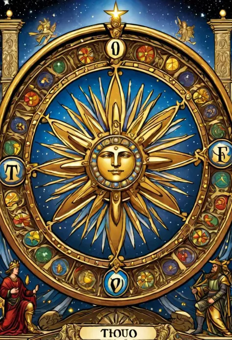 solo focus, masterpiece, award winning illustration of the wheel of fortune, tarot card, extremely detailed, highly detailed portrait