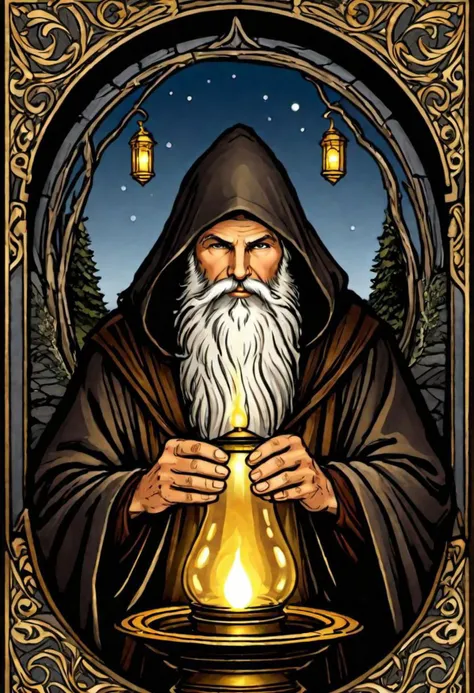 solo focus, masterpiece, award winning illustration of the hermit (old, lantern) tarot card, extremely detailed, highly detailed portrait