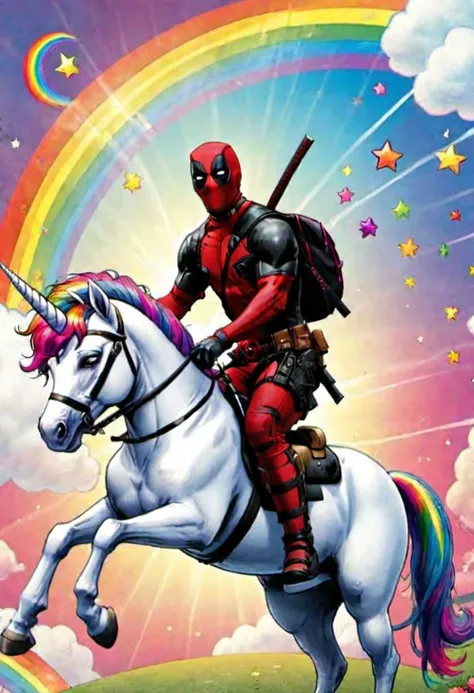 Deadpool1024,
, riding a unicorn, 
,rainbow in the background,