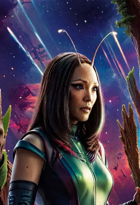 Mantis1024 for guardians of galaxy, in an enchanted forest, very vivid lighting, detailed, (vibrant, photo realistic, realistic, sharp focus),