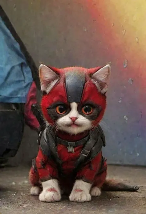 Smiling Kitten looks like deadpool, rainbow in the background,