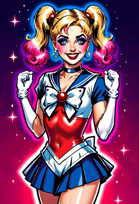 (full body), (Harley Quinn:1.3) wearing sailor senshi uniform, blonde twintails, (pleated skirt, bow, brooch, leotard, white elbow gloves), victory pose, (glossy pink lipstick, eyeshadow, Harley's makeup:1.2), (sparkles, sparkling hair, sparkling clothes, sparkling eyes)