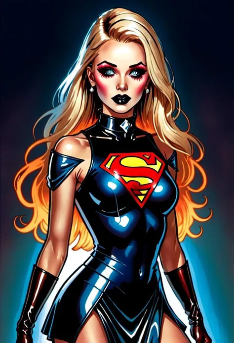 (goth:1.2), (full body), (goth Supergirl, long blonde hair, latex cape, latex pleated miniskirt, latex gloves, goth choker, fishnets:1.2), (shiny glossy translucent clothing, gleaming oily latex fabric:1.1), gloomy lighting, (glossy black lipstick, eyeshadow, goth makeup:1.2),