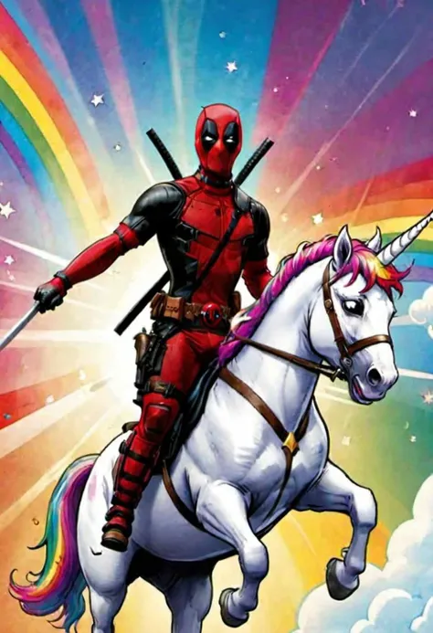 Deadpool1024,
, riding a unicorn, 
,rainbow in the background,