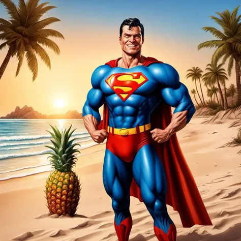 Man in superman costume, muscle, sunshine, sunset, photorealistic, ananas coctail, seashore, palm trees, sand, blue ocean, happy, beautiful, clear logo, with lois lane