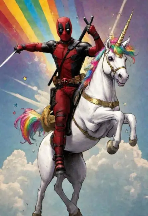 Deadpool1024,
, riding a unicorn, 
,rainbow in the background,