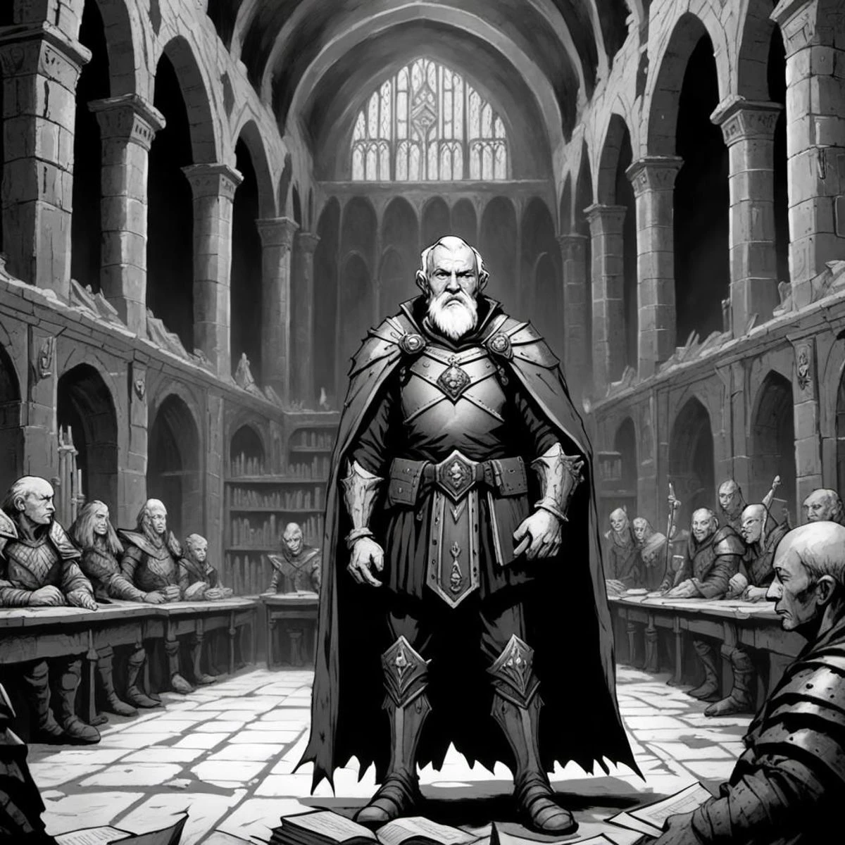 old male hero in front of high council, judged, kings hall, books, ruin, dungeon, classic D&D style, B/W, best quality:1.2) (sharp focus:1.1), higly detailed, character sheet