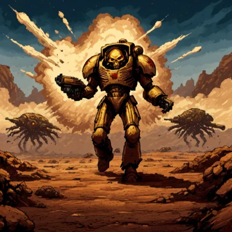 a polished gold trmntr with no helmet holding an assault cannon walks across an alien battlefield searching for enemies, rockets streak across the sky and explode into the landscape, apxlz
