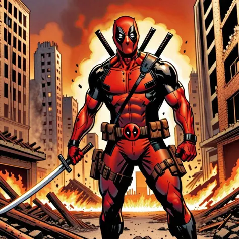 Comic book style, full body, Deadpool standing in the middle of a destroyed city,  big rips and burns in his costume, mask lifted over his mouth, sheepish grin, katana sheathed at his back, guns in his hands