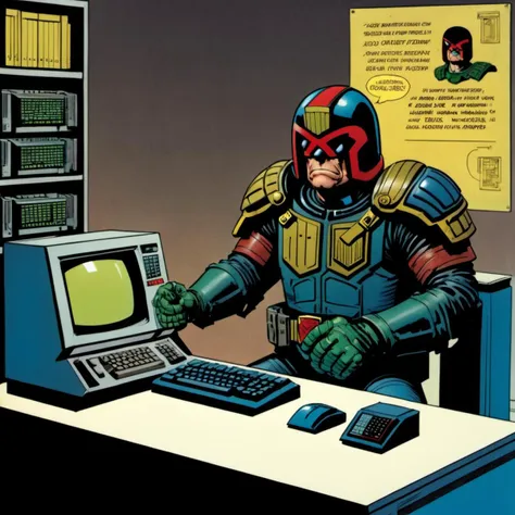 judge dredd, 2000AD style, by John Wagner, alone, solo, reading a technical manual, in front of a 1980s IBM Mainframe computer,