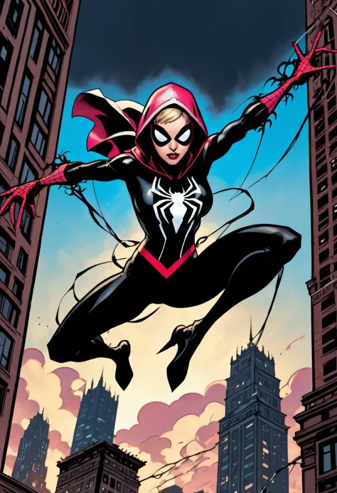 gothic style spider girl, solo, looking at viewer, wearing black with white and pink, spiderman symbol on chest, flying through the sky, fight pose, hooded body suit, gwen stacey, marvel comics, shooting webs from wrists, outdoors, between sky scrapers, . dark, mysterious, haunting, dramatic, ornate, detailed